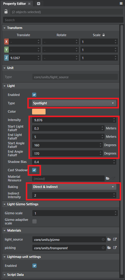 キッチンのライト、light_009とlight_010の2つのライトを選択して調整する