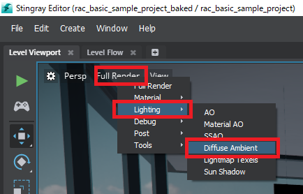 Full Render -> Lighting -> Diffuse Ambient にすると、ライトマップとして焼き込まれるDiffuse Ambientの情報がリアルタイムに確認できる