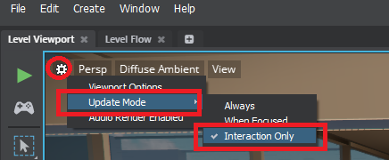 Update ModeをInteraction Onlyにすると、Stingrtayのビューポートの更新が止まり、GPUのリソースをライトマップの焼き込みに回せるようになる