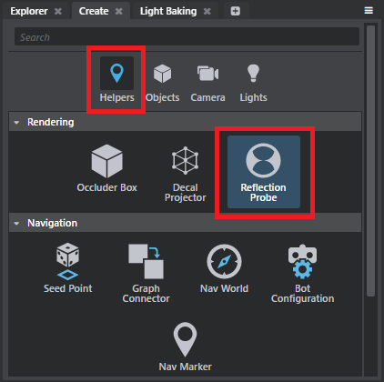 Explorerウィンドウのタブの横にある、Createタブをクリックして、Createウィンドウ内のHelpersのカテゴリ内にあるReflection Probeを作成