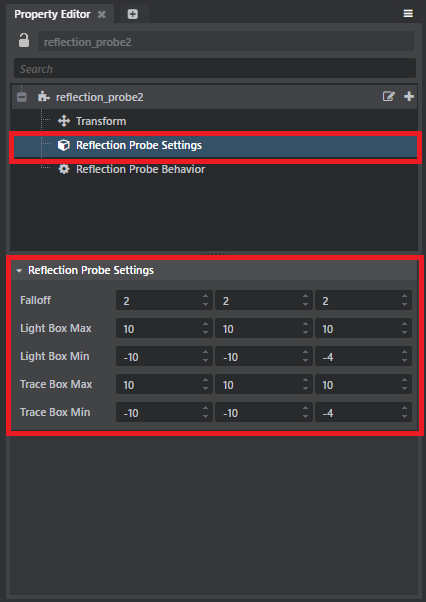 リビングルームに置かれたReflection Probeを選択して、Property Editorに表示されたReflection ProbeのEntity情報の階層情報の中から、Reflection Probe Settingsを選択します