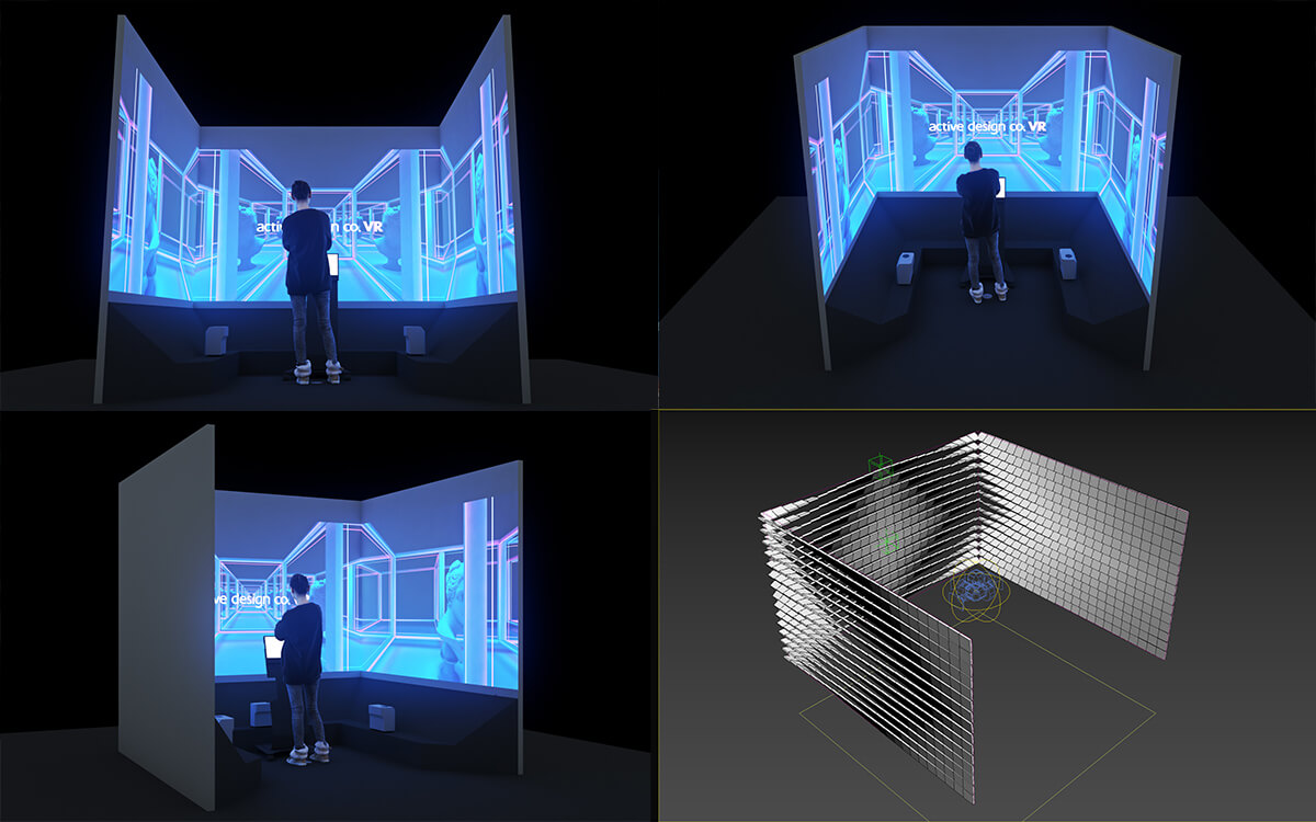 アクティブデザインさんの建築ビジュアライゼーション 3ds Max06_プロジェクターで壁3面にVR映像を投影するコンテンツ