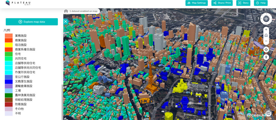 用途による塗り分け「建物モデル 港区」PLATEAU VIEW by MLIT